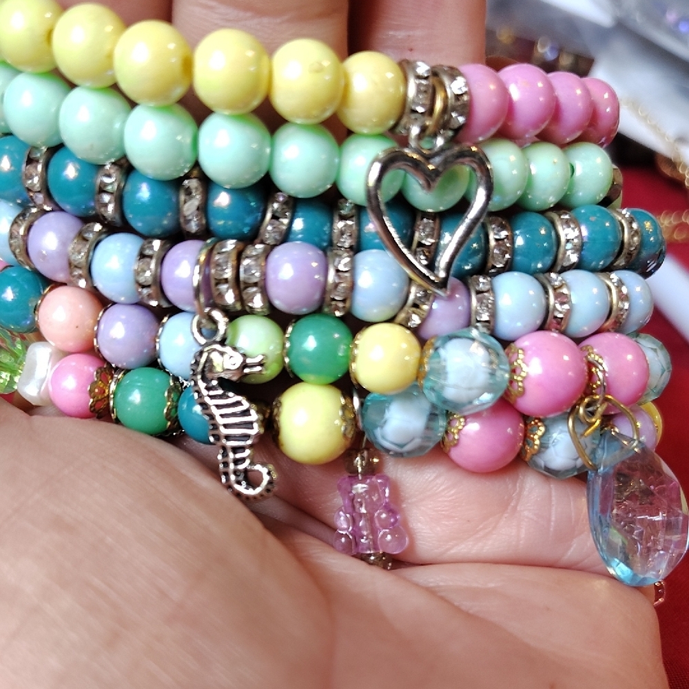 Charming Pink and Yellow Beaded Bracelet Set with Playful Charms